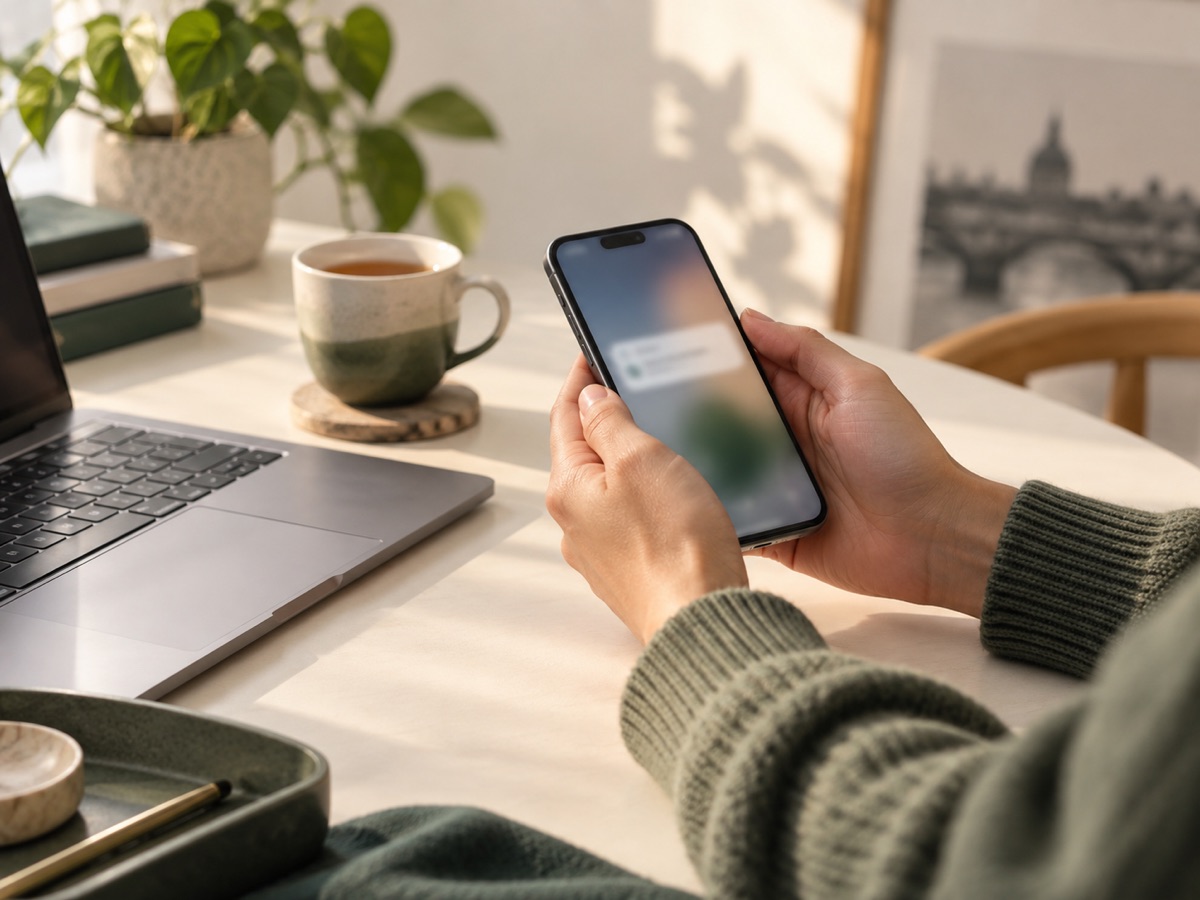 Des mains consultant une notification sur un téléphone à côté d’un ordinateur portable