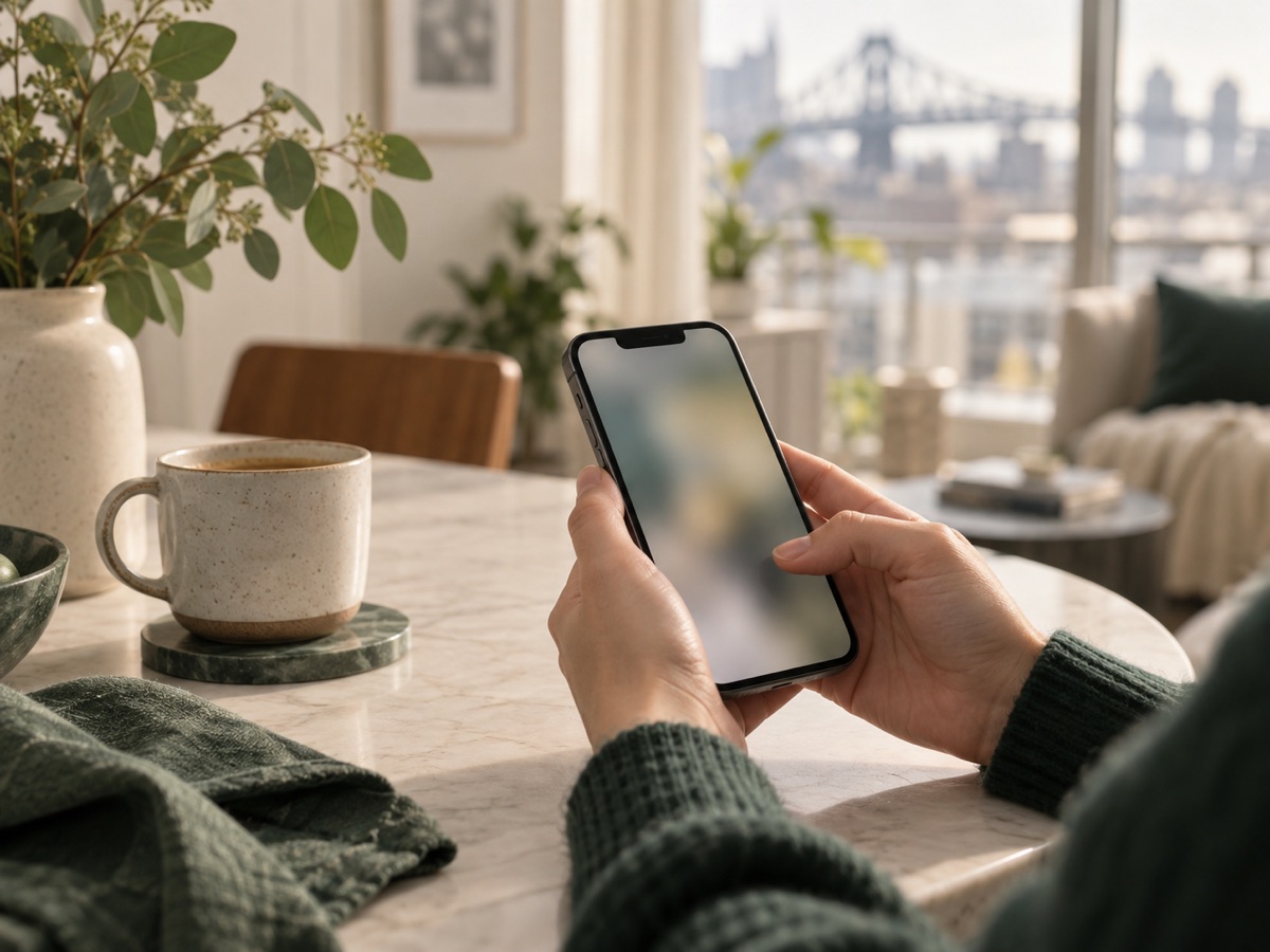 Des mains tenant un téléphone à une table de cuisine